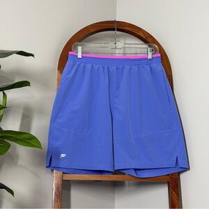Fabletics Mens MEDIUM The Fundamental Athletic Shorts Lined Blue Pink 7in Inseam
